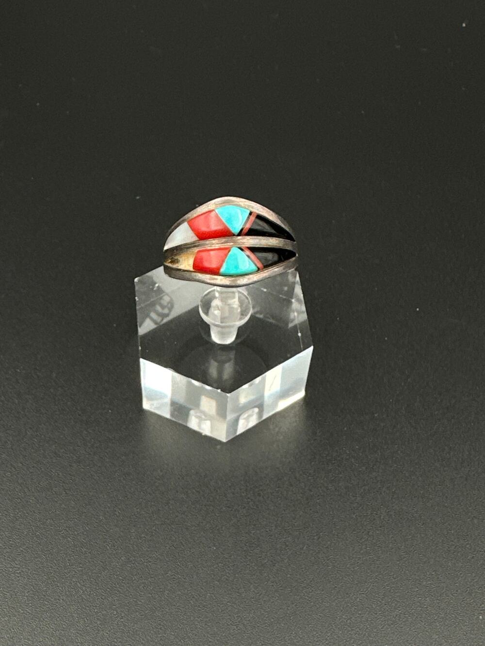 Vintage Zuni Style Channel Inlay Ring Turquoise Coral Jet Mother of Pearl size 6